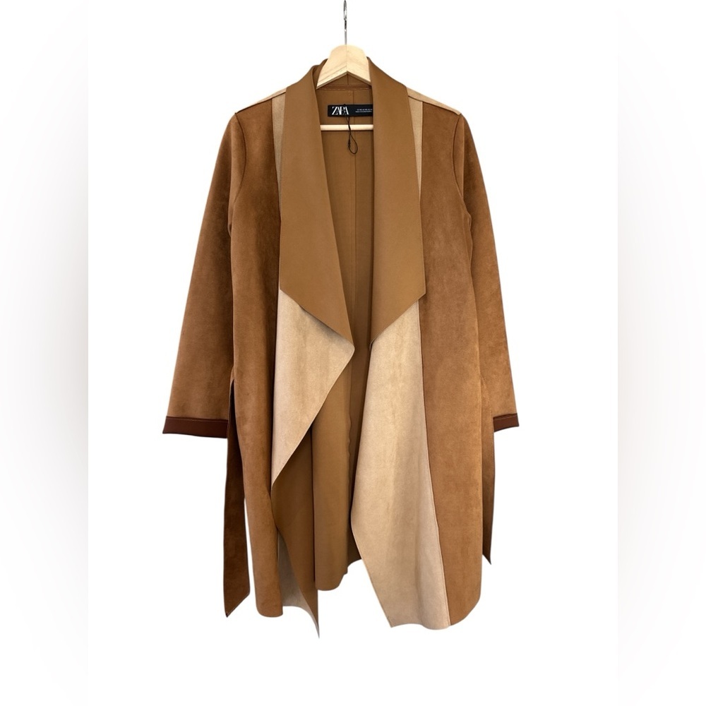 New Zara Faux Suede Two-Tone Belted Waterfall Coat - Picture 5 of 10